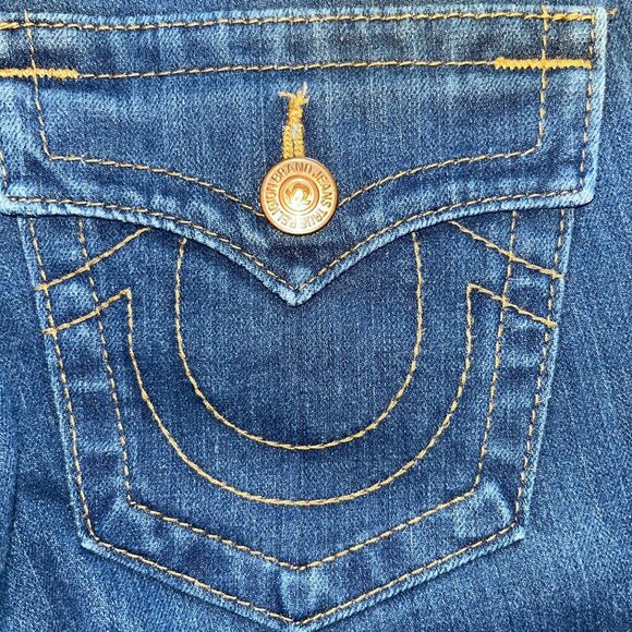 TRUE RELIGION JOEY TWISTED LEG LOW RISE BELL BOTTOm JEANS - MADE IN USA -27 TALL - Picture 7 of 16